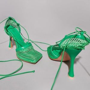 Green net lace up heels